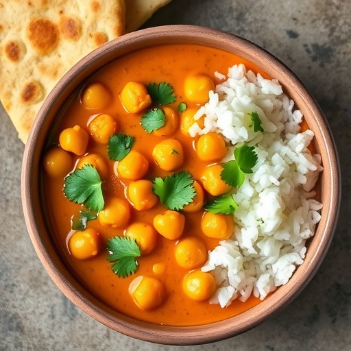 A bowl of creamy chickpea curry with cilantro, served with rice and naan.